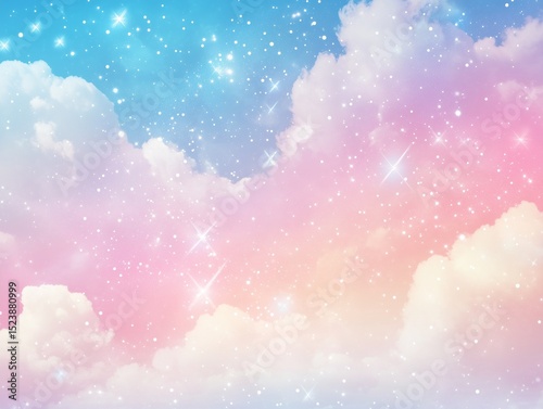 Dreamy Celestial Sky with Fluffy Clouds and Shimmering Stars, Creating a Magical and Whimsical Background Perfect for Fantasy Themes or Children's Designs