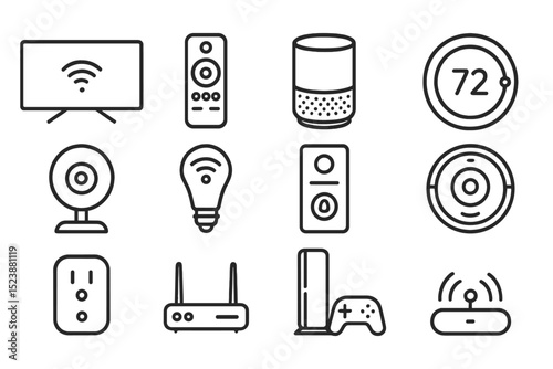 Smart home icon set with electronics and devices in outline style