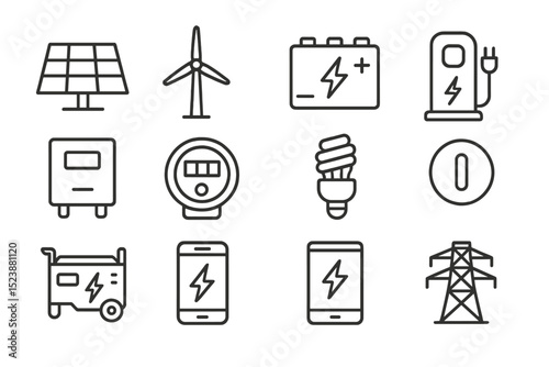 Energy symbols: solar, wind, battery, charging station, light bulb, power