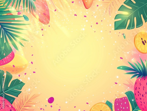 Tropical Summer Celebration Background with Lush Palm Leaves, Vibrant Fruits, and Sparkling Confetti for Festive Designs