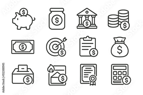 Financial icons set: money, bank, savings, investment, currency