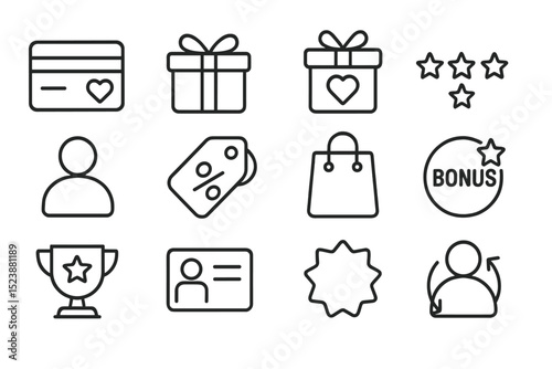 Loyalty program icons: gifts, bonus, shopping, rewards, identification