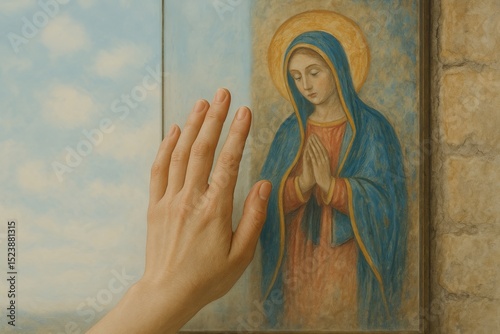 Hand reaching toward wall mural of Virgin Mary in red and blue robes surrounded by sky pattern