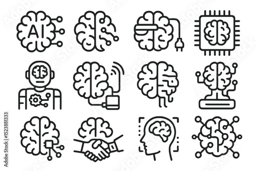Ai brain icons: technology, circuit, neural network, artificial intelligence symbols