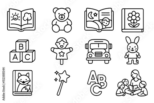 Child's play icon set featuring toys, books, and school themes