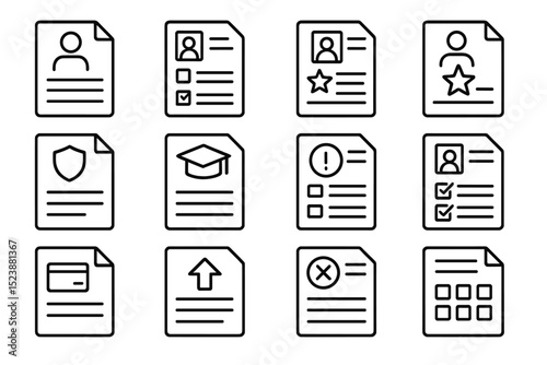 Black icon set featuring documents and user profiles on dark background