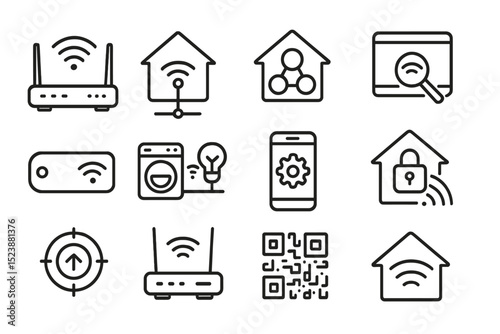 Smart home technology icons: automation, security, wireless connectivity