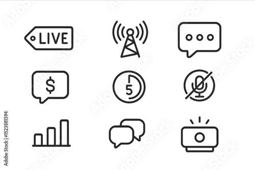 Set of black communication and media icons on gray background