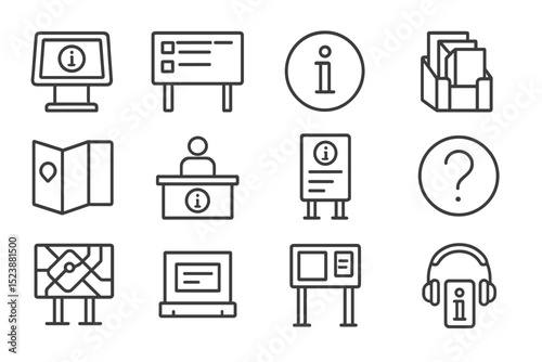 Information icons set with maps, computer, and headphones on a metal background