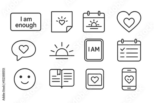 Minimalist self-love icons collection with hearts and affirmations