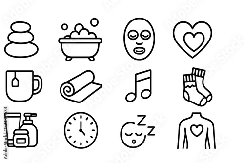 Spa and wellness icons: relaxation, skincare, yoga, music, aromatherapy