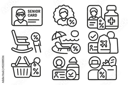 Icons representing senior activities and benefits on grayscale background