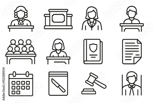 Legal icons: courtroom, judge, lawyer, jury, documents, gavel, calendar
