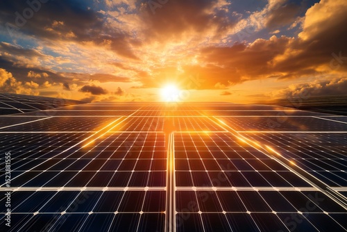 Solar Panels Absorbing Sunlight with Glowing Energy Lines and Bright Sun in the Background