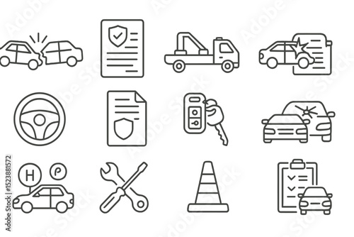 Car insurance and repair icons: safety, coverage, maintenance, repair, claims