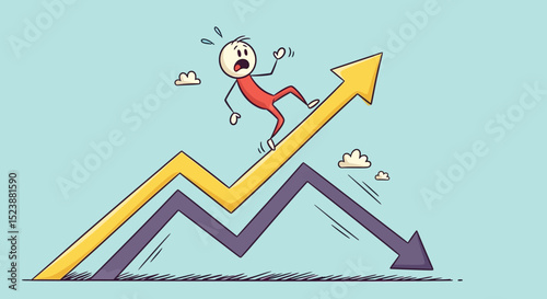 Cartoon Figure Struggling to Maintain Balance on Upward Arrow