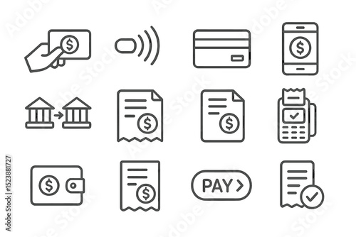Digital payment icons set: contactless, transfer, invoice, wallet, card