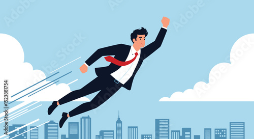 Businessman Soaring Through the Sky as a Superhero Above City