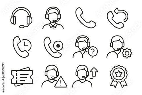 Call center icon set with headset, phone, support symbols on gray background