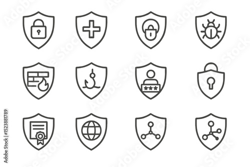 Cybersecurity symbols on gray background with various security icons