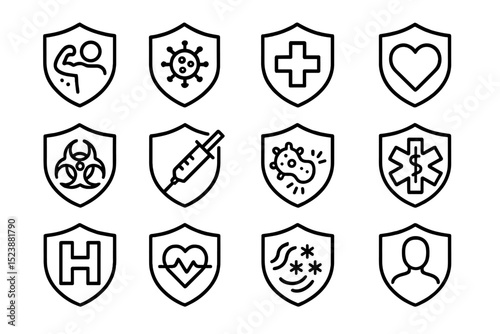 Set of medical and health-related icons on shields