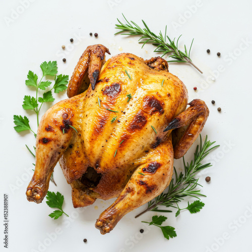 Whole roasted chicken seasoned with herbs and garnished with rosemary and lemon slices. A classic main course dish.
