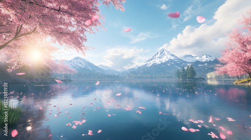 Serene Lake Surrounded by Cherry Blossoms with Petals Floating and Snow-Capped Mountains in the Distance