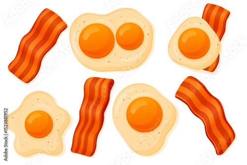 Vector cartoon image of juicy fried eggs and bacon. Element for your design. Food, breakfast and snack concept