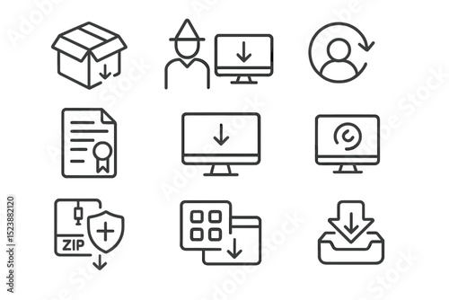 Set of 9 black download icons on gray background