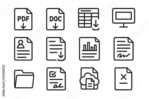 Document icons: pdf doc spreadsheet cloud file folder form chart screen