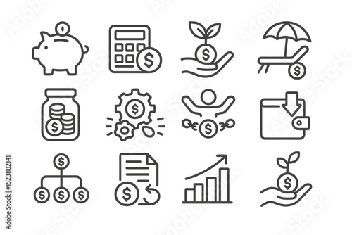 Finance symbols collection featuring budget, growth, and savings icons