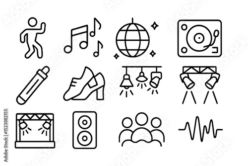 Nightlife icon set: music notes, disco ball, dancing, speakers, dj equipment