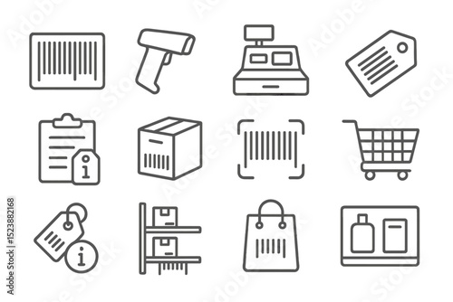 Retail shopping icons set featuring barcode, cart, and scanner