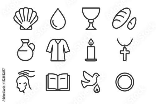 Icons representing religious symbols and rituals on a dark background