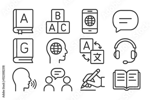 Language learning icons: books, translation, vocabulary, communication symbols