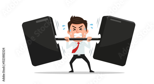 Stressed Businessman Lifting Heavy Smartphones Overwhelmed by Technology