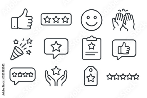 Outline icons of ratings and feedback symbols on gray background
