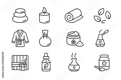 Spa and wellness icons: candles, oils, stones, aromatherapy, sauna symbols