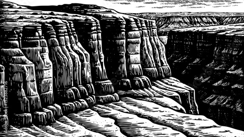 black and white sketch vector of a dramatic desert cliff with layers of eroded rock formations