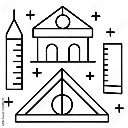 Black and white line art illustration of construction tools and mathematical geometry symbols, minimalist design