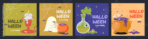Templates of covers and advertising posters for Halloween parties. Square postcards with traditional Halloween symbols: a creepy ghost, a burning candle, a cauldron, a witch's potion. Flat vector