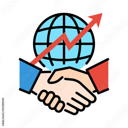 International collaboration conceptual flat icon, featuring handshaking with globe and uptrend arrow