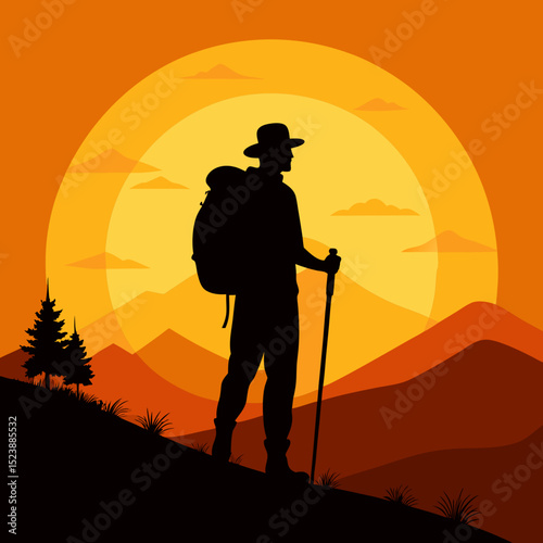 "Cute Crocodile Vector Line Art & Hiker Sunset Silhouette - Funny Animal Cartoon & Outdoor Adventure Clipart"
