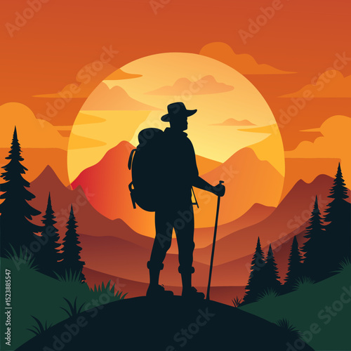 "Cute Crocodile Vector Line Art & Hiker Sunset Silhouette - Funny Animal Cartoon & Outdoor Adventure Clipart"