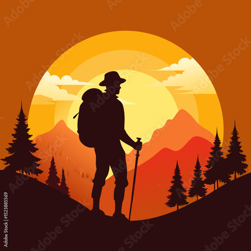 "Cute Crocodile Vector Line Art & Hiker Sunset Silhouette - Funny Animal Cartoon & Outdoor Adventure Clipart"