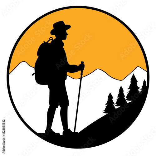 "Cute Crocodile Vector Line Art & Hiker Sunset Silhouette - Funny Animal Cartoon & Outdoor Adventure Clipart"