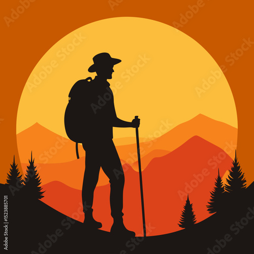 "Cute Crocodile Vector Line Art & Hiker Sunset Silhouette - Funny Animal Cartoon & Outdoor Adventure Clipart"