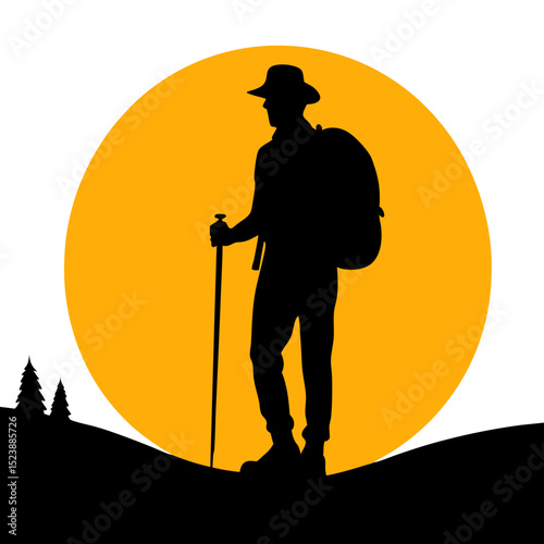 "Cute Crocodile Vector Line Art & Hiker Sunset Silhouette - Funny Animal Cartoon & Outdoor Adventure Clipart"