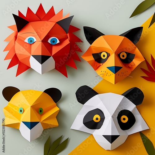 **A Clean Flat Lay Image Of Handmade Paper Animal Masks, Including A Lion, Panda, Owl, And Cat. Each Mask Is Colorful, With Cut-Out Eyes And Layered Paper For Ears And Facial Features. Arrange The Mas