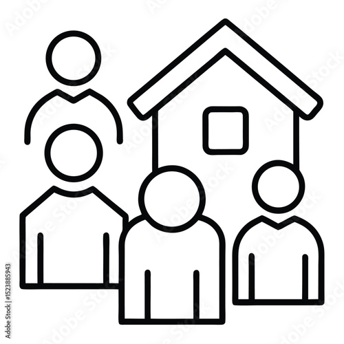 Family home concept illustrated with people and house in clean minimalist line art style